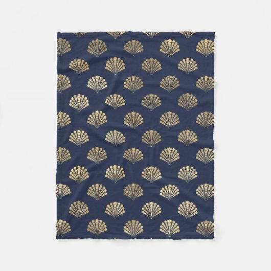 金ゴールドと海軍ヴィンテージアールデコの花模様 フリースブランケット (正面)