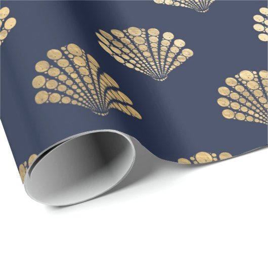 金ゴールドと海軍ヴィンテージアールデコの花模様  ラッピングペーパー (ロールコーナー)