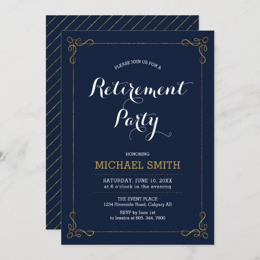 金ゴールドと海軍 |クラッシーエレガントリタイアメントパーティー 招待状 (正面/裏面)