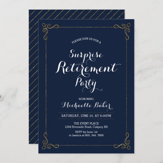 金ゴールドと海軍 |サプライズエレガントリタイアパーティー 招待状 (正面/裏面)