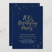 金ゴールドと海軍 |シックモダン100th誕生日パーティー 招待状 (正面/裏面)
