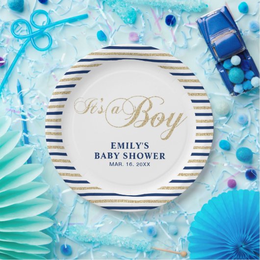 金ゴールドと海軍 |ベビーモダンシャワーパーティープレート ペーパープレート (パーティー)
