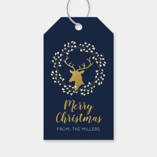 金ゴールドと海軍 |鹿モダンメリークリスマスギフトラベル ギフトタグ (正面)