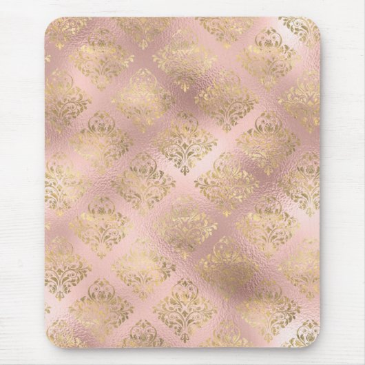 金ゴールドと淡いピンクの箔グラムダマスクパターン マウスパッド (正面)