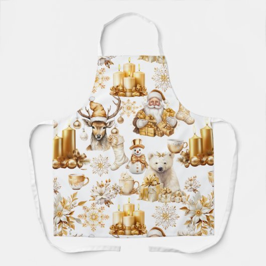 金ゴールドと白いクリスマスシンボル エプロン (正面)