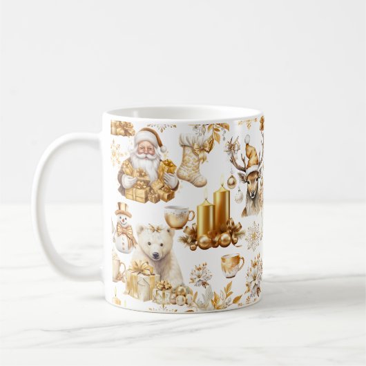 金ゴールドと白いクリスマスシンボル コーヒーマグカップ (左)