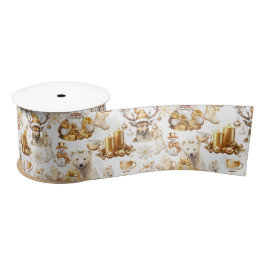 金ゴールドと白いクリスマスシンボル サテンリボン