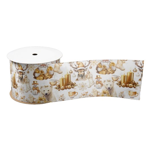 金ゴールドと白いクリスマスシンボル サテンリボン (リール)