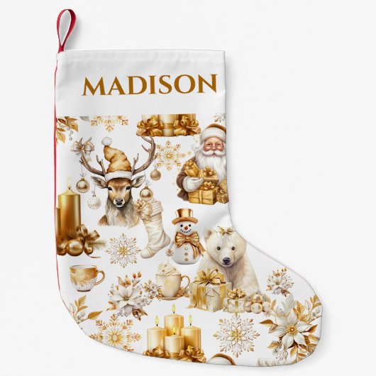 金ゴールドと白いクリスマスシンボル スモールクリスマスストッキング (正面)