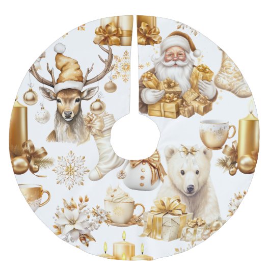 金ゴールドと白いクリスマスシンボル ブラッシュドポリエステルツリースカート (正面)