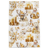 金ゴールドと白いクリスマスシンボル ミディアムペーパーバッグ (正面)