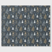 金ゴールドと白いクリスマスツリーを黒い背景に ラッピングペーパー (フラット)