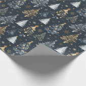 金ゴールドと白いクリスマスツリーを黒い背景に ラッピングペーパー (角)