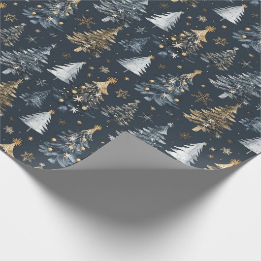 金ゴールドと白いクリスマスツリーを黒い背景に ラッピングペーパー (角)
