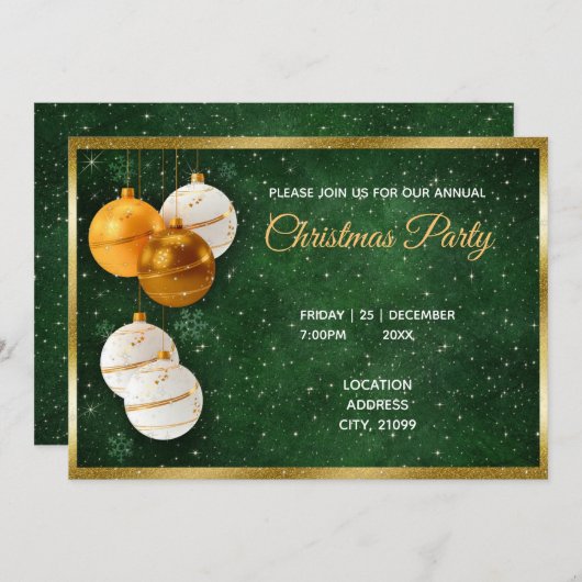 金ゴールドと白いクリスマスボール 招待状 (正面/裏面)