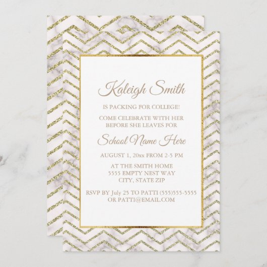 金ゴールドと白いトランクパーティー「大学へオフ」招待状 招待状 (正面/裏面)