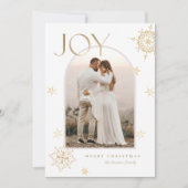 金ゴールドと白い喜びアーチのモダンスノーフレーク写真 シーズンカード (正面)