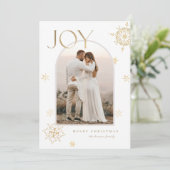 金ゴールドと白い喜びアーチのモダンスノーフレーク写真 シーズンカード (スタンド正面)