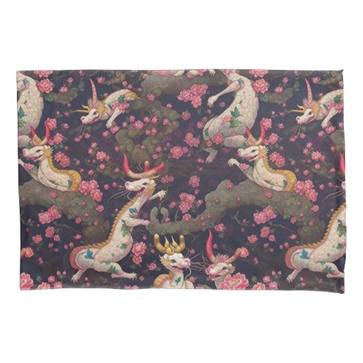 金ゴールドと白い竜とさくらんぼの花 枕カバー (正面左)