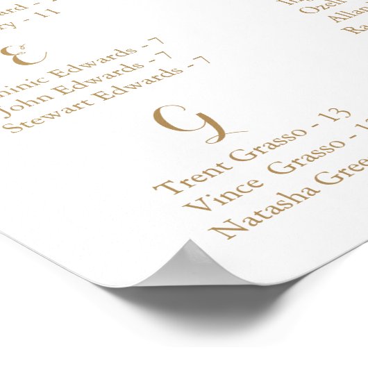 金ゴールドと白い花のアルファベット順の座席表 ポスター (角)