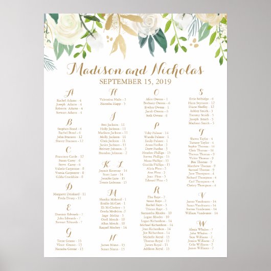 金ゴールドと白い花のアルファベット順の座席表 ポスター (正面)