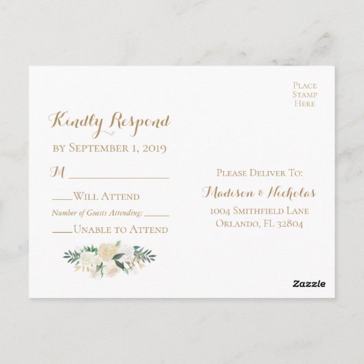 金ゴールドと白い花の結婚式の出欠の出欠のはがき ポストカード (裏面)