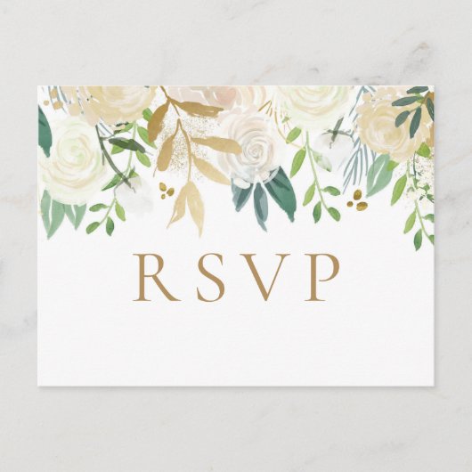 金ゴールドと白い花の結婚式の出欠の出欠のはがき ポストカード (正面)