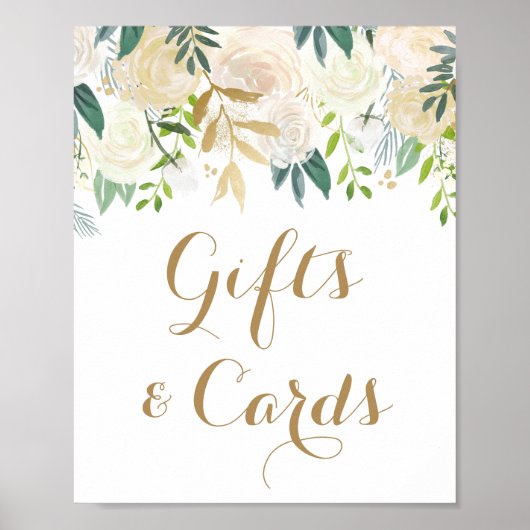 金ゴールドと白い花の贈り物とカードテーブルの看板 ポスター (正面)