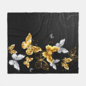 金ゴールドと白い蝶 フリースブランケット (正面(横))