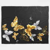 金ゴールドと白い蝶 フリースブランケット (正面(横))