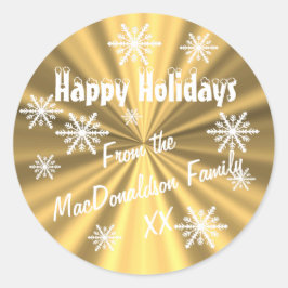 金ゴールドと白い雪カスタム片ハッピーホリデー ラウンドシール