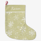 金ゴールドと白い雪片の名前クリスマス ラージクリスマスストッキング (正面)