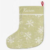 金ゴールドと白い雪片の名前クリスマス ラージクリスマスストッキング (裏面)