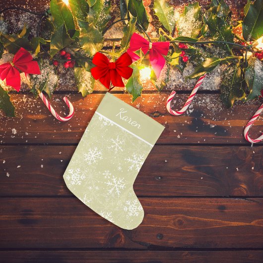 金ゴールドと白い雪片の名前クリスマス ラージクリスマスストッキング