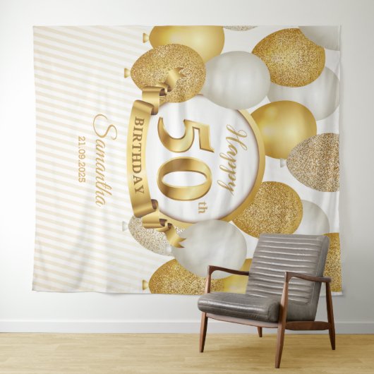 金ゴールドと白い風船50歳の誕生日の背景 タペストリー (インサイチュ(横))