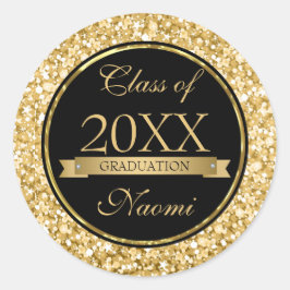 金ゴールドと白きらめくグリッター黒い円 ラウンドシール