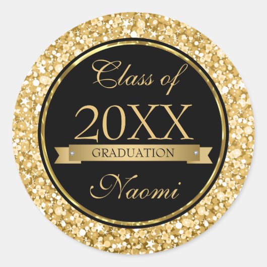 金ゴールドと白きらめくグリッター黒い円 ラウンドシール (正面)