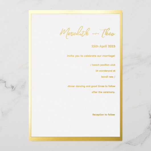 金ゴールドと白のエレガミニマルントウェディングフォイルInvita 箔招待状 (正面)