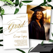 金ゴールドと白のミニマルスクリプトによる卒業式の写真 招待状