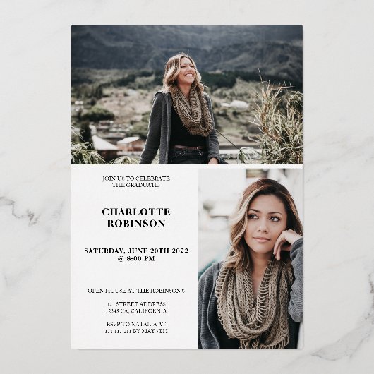 金ゴールドと白の卒業生の台本3枚の写真卒業 箔招待状 (裏面)