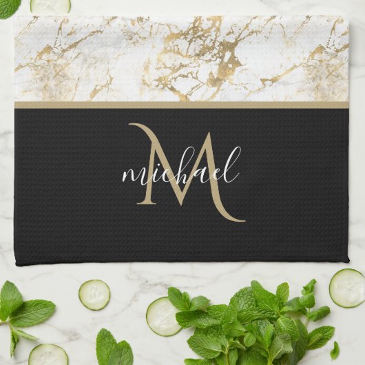 金ゴールドと白の大理石と黒モノグラム キッチンタオル (折り畳み)