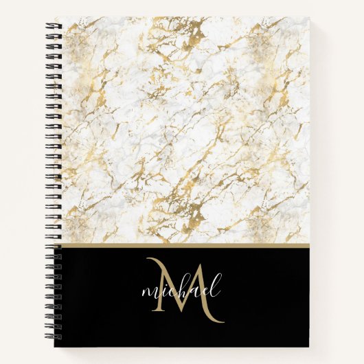 金ゴールドと白の大理石と黒モノグラム ノートブック (正面)
