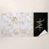 金ゴールドと白の大理石と黒モノグラム ビーチタオル (正面)