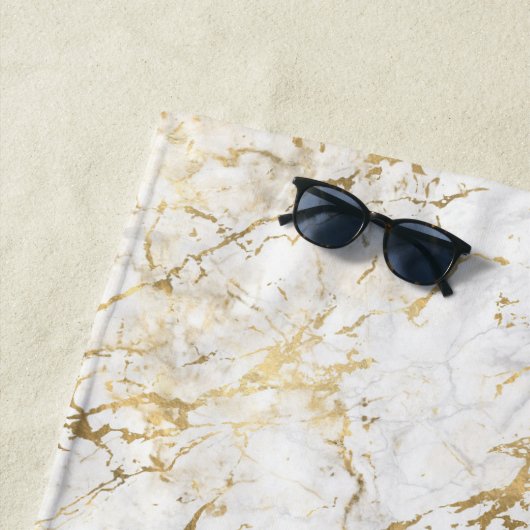 金ゴールドと白の大理石と黒モノグラム ビーチタオル (インサイチュ)