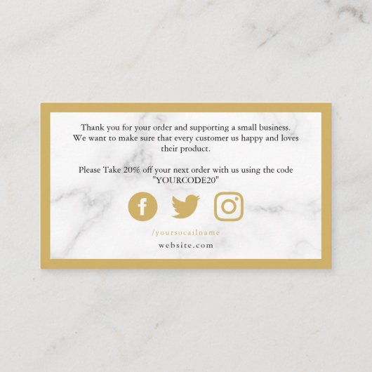 金ゴールドと白の大理石効果お感謝してい客様 エンクロージャーカード (裏面)