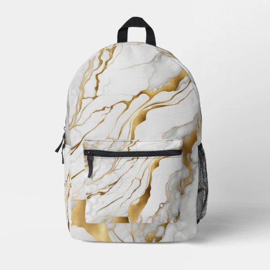 金ゴールドと白の大理石抽象芸術 プリントバックパック (正面)