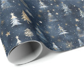 金ゴールドと白の木、濃い青の背景の星 ラッピングペーパー (ロールコーナー)