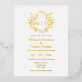 金ゴールドと白の植物性モノグラ結婚ムの 箔招待状ポストカード (正面)