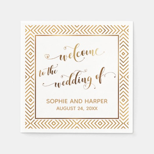 金ゴールドと白の歓迎の結婚人 スタンダードカクテルナプキン (正面)
