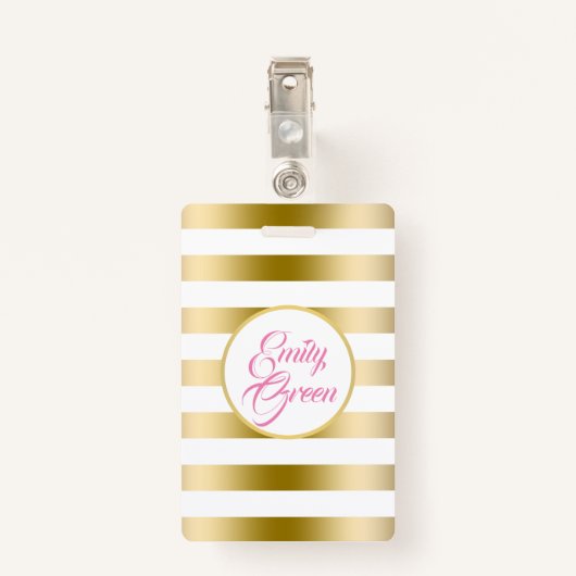 金ゴールドと白の水平ストライプ線 バッジ (裏面クリップ)